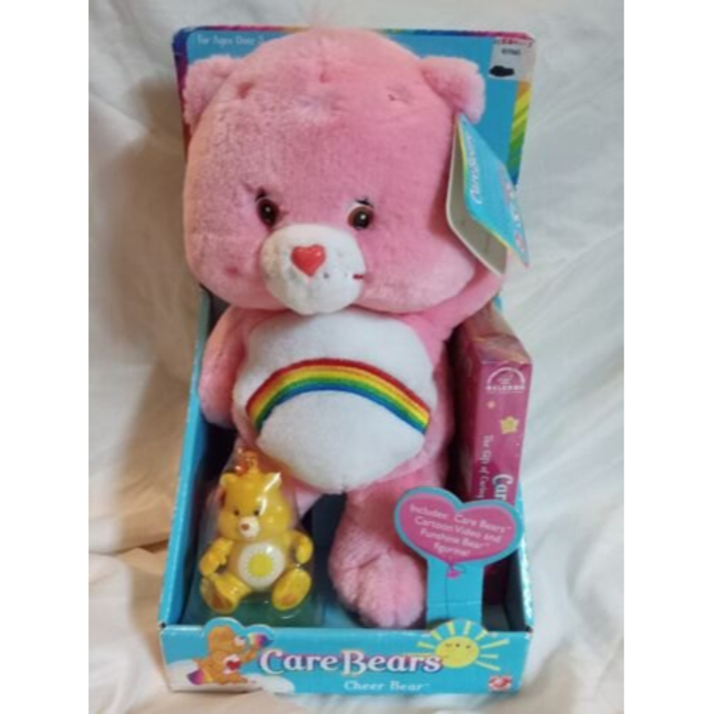 NWT 2002 Play Along Care Bears CHEER BEAR Plush w/VHS TAPE & Funshine Keychain